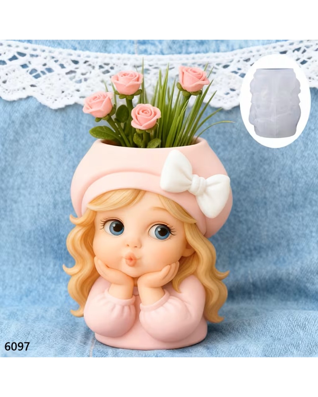 YY6097 Şapkalı Öpücük Atan Şirin Kız Sukulent Saksı Mumluk Silikon Kalıp